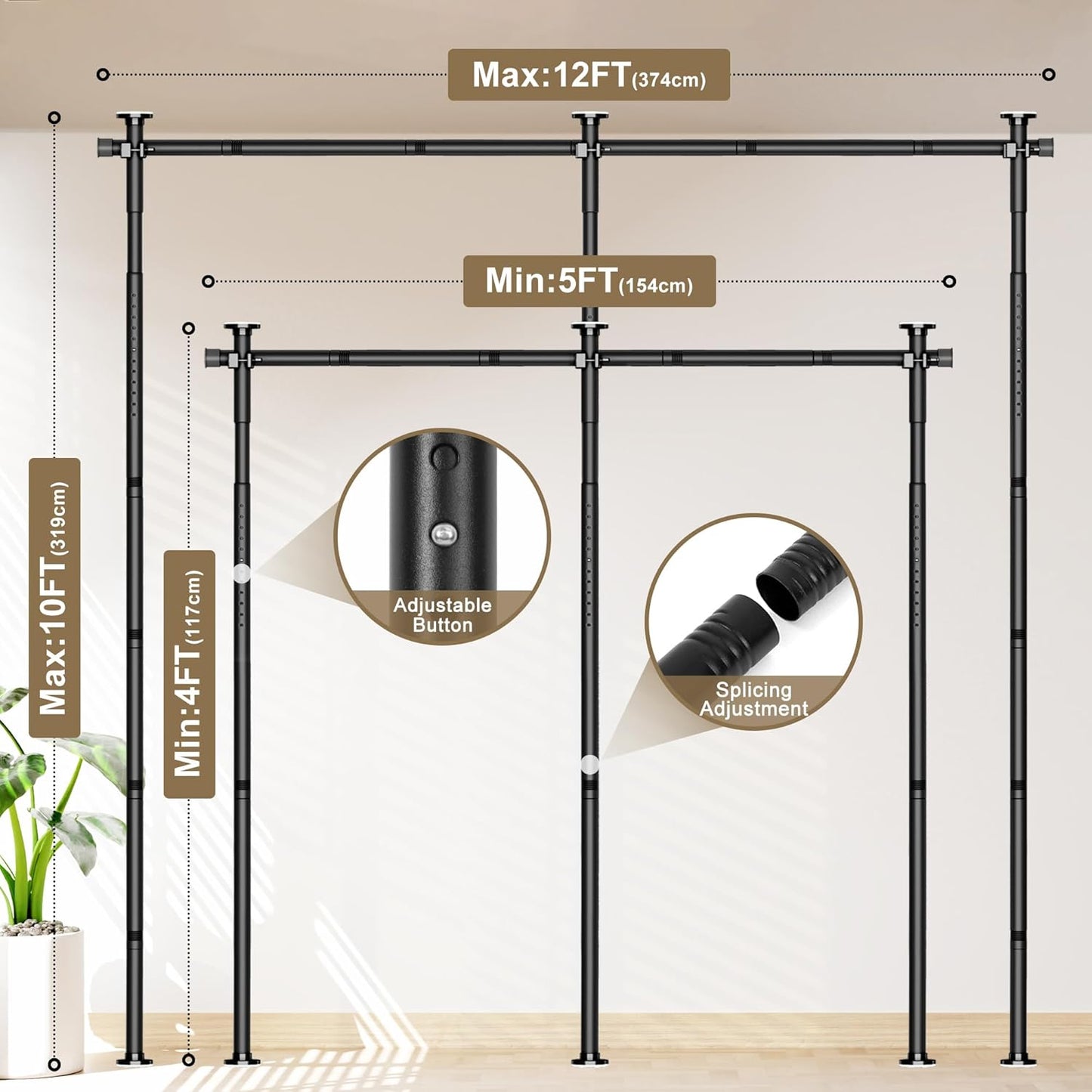 Room Divider Curtain Rod, No Drilling Tension Rod for Room Separation, Adjustable 4-10ft(H) 30-147"(W) Heavy Duty Floor to Ceiling Wall Divider Space Partition Privacy Separator for Dorm Office, Black