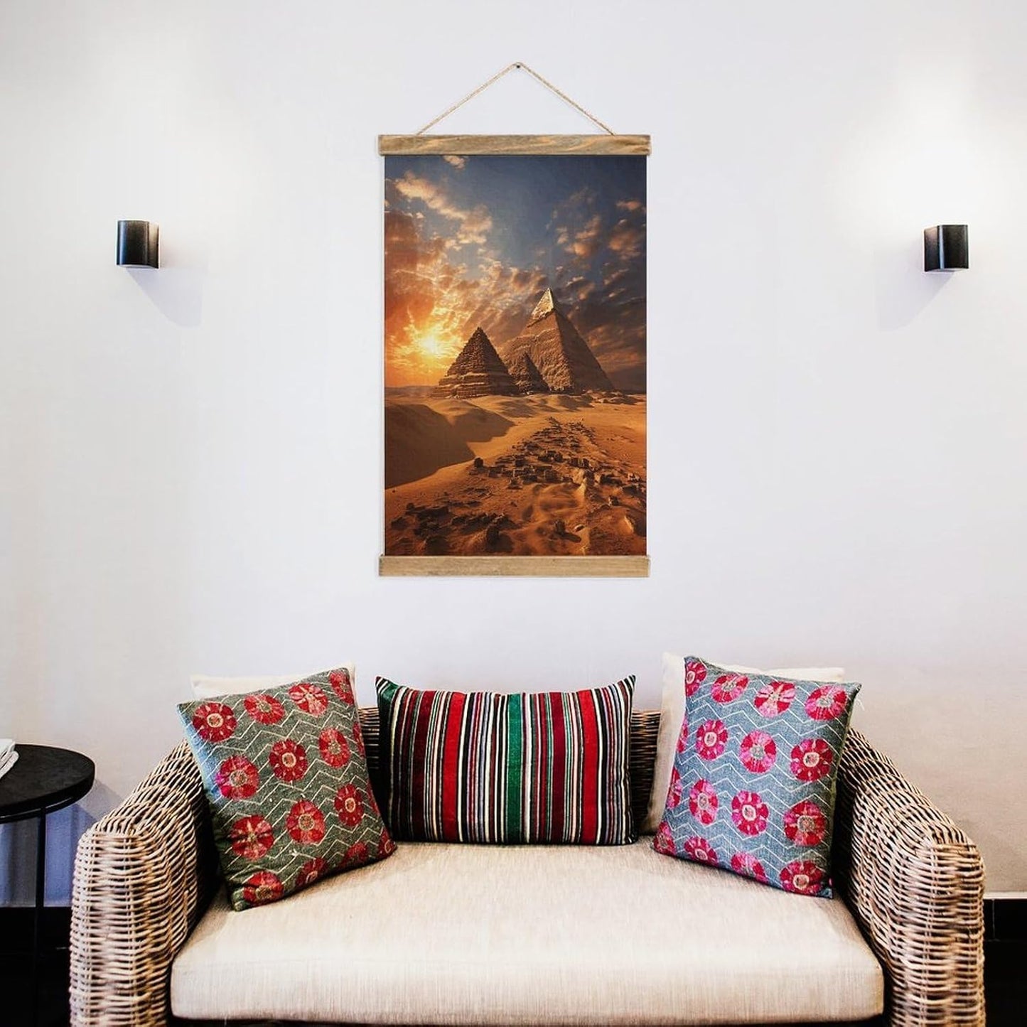 Vintage Egyptian Pyramids Poster with Wooden Frame Personalized Linen Hanging Scroll Painting Rustic Wall Hanging Illustrative Modern Artwork Decor for Home Living Room Bedroom Office