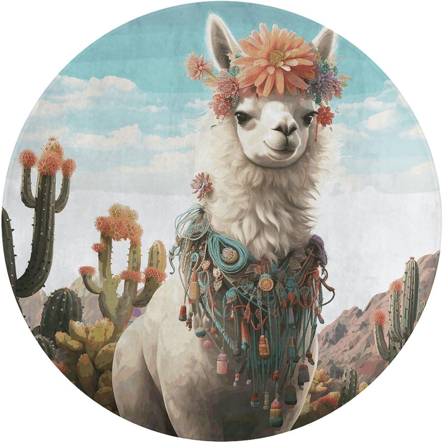 Mexican Llama Cactus Circle Rug Retro Luxury Coral Velvet Floor Mat Non Slip Soft Indoor Floor Carpet Comfy Thickened Area Rugs Modern Aesthetic Minimalist Carpets for Home Decor