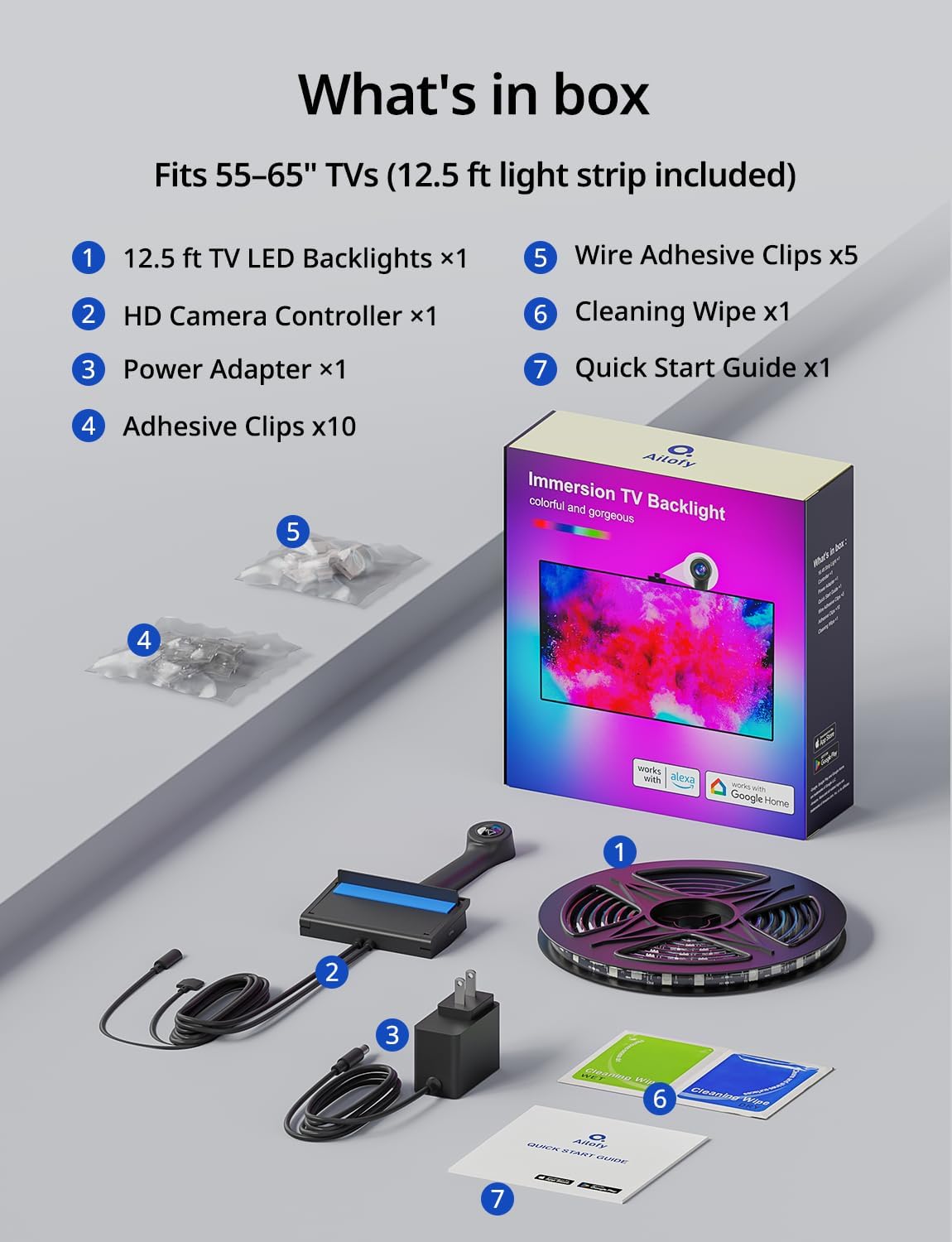 Ailofy TV Backlight with Camera, 12.5ft LED Strip Lights Behind the Monitor, Sync to 55-65 inch TVs Screen, Movie Game Mode, Color Changing TV Lights, Work with Alexa&Google Assistant, App Control