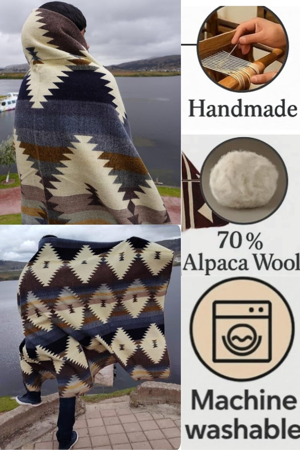 Alpaca Wool Blanket, Queen Size 94 x 78, Reversible 2 in 1, Thick and Ultra Soft, Hypoallergenic, Non-Itchy, Handmade in Ecuador. Premium Alpaca Wool Thtow Blanket for Cozy Comfort. (Blue and Brown)