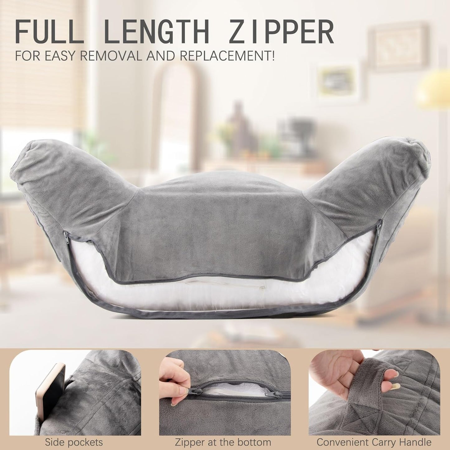 Large Reading Pillow Cover for Backrest Pillow, 19" Soft Polyester Velour Bed Rest Pillow Cover Fits Standard Size Reading Pillows, Dark Grey