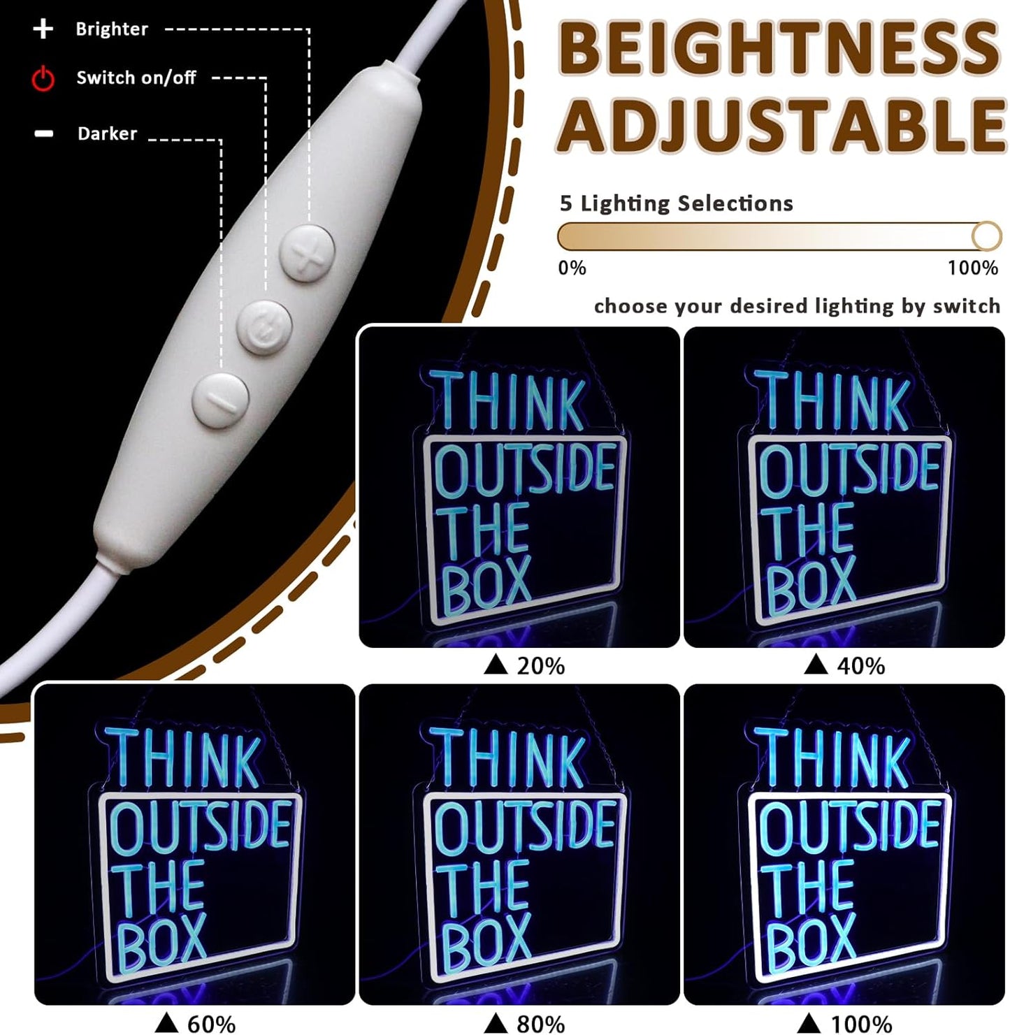 Think Outside The Box Neon Sign for Wall Decor, Creative Thinking Led Signs for Bedroom, USB Dimmable Neon Lights for Classroom Home Club Motivational Quote Office Wall Art