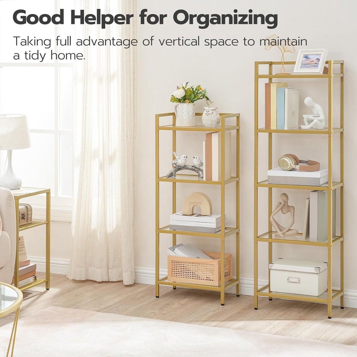 HOOBRO 5-Tier Gold Shelf, Narrow Book Shelf, Display Cabinet with Glass Bookcase, Corner Shelf Storage for Small Spaces, for Home Office, Living Room, Bedroom, Gold GD45SJ01
