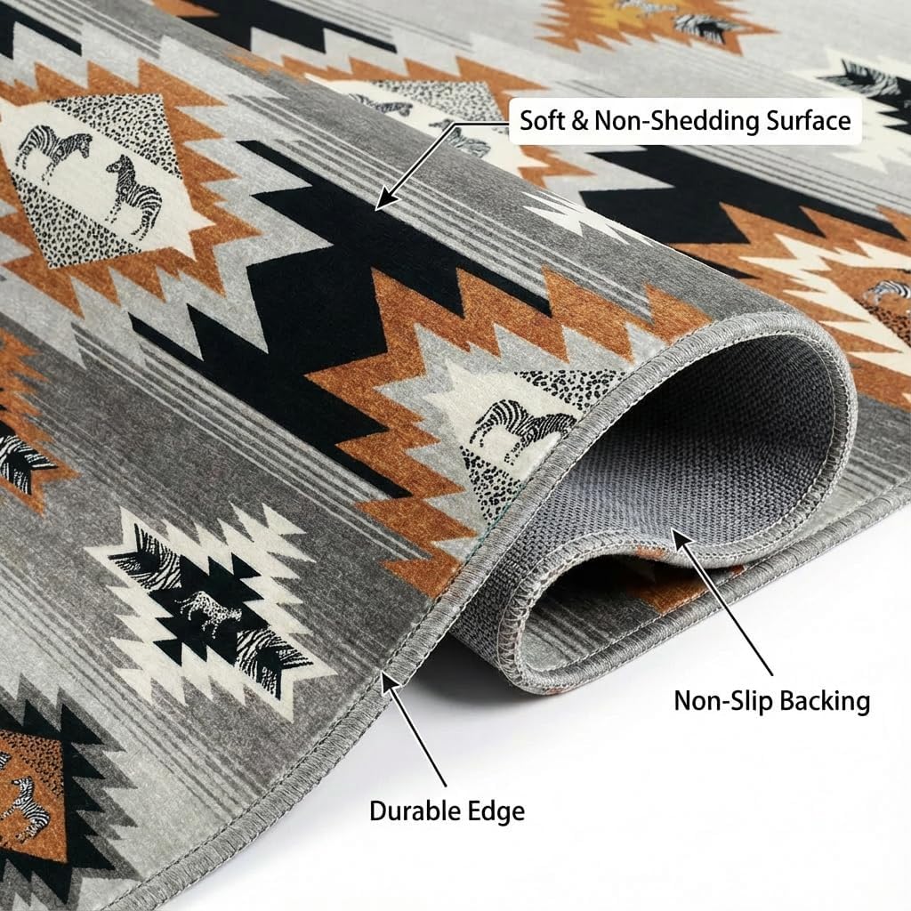 5x7 Area Rugs for Living Room: Gradient Gray & Terracotta Tribal Southwestern Zebra Geometric Area Rug Washable Non-Slip Backing for Living Room Bedroom Leisure Area Decor