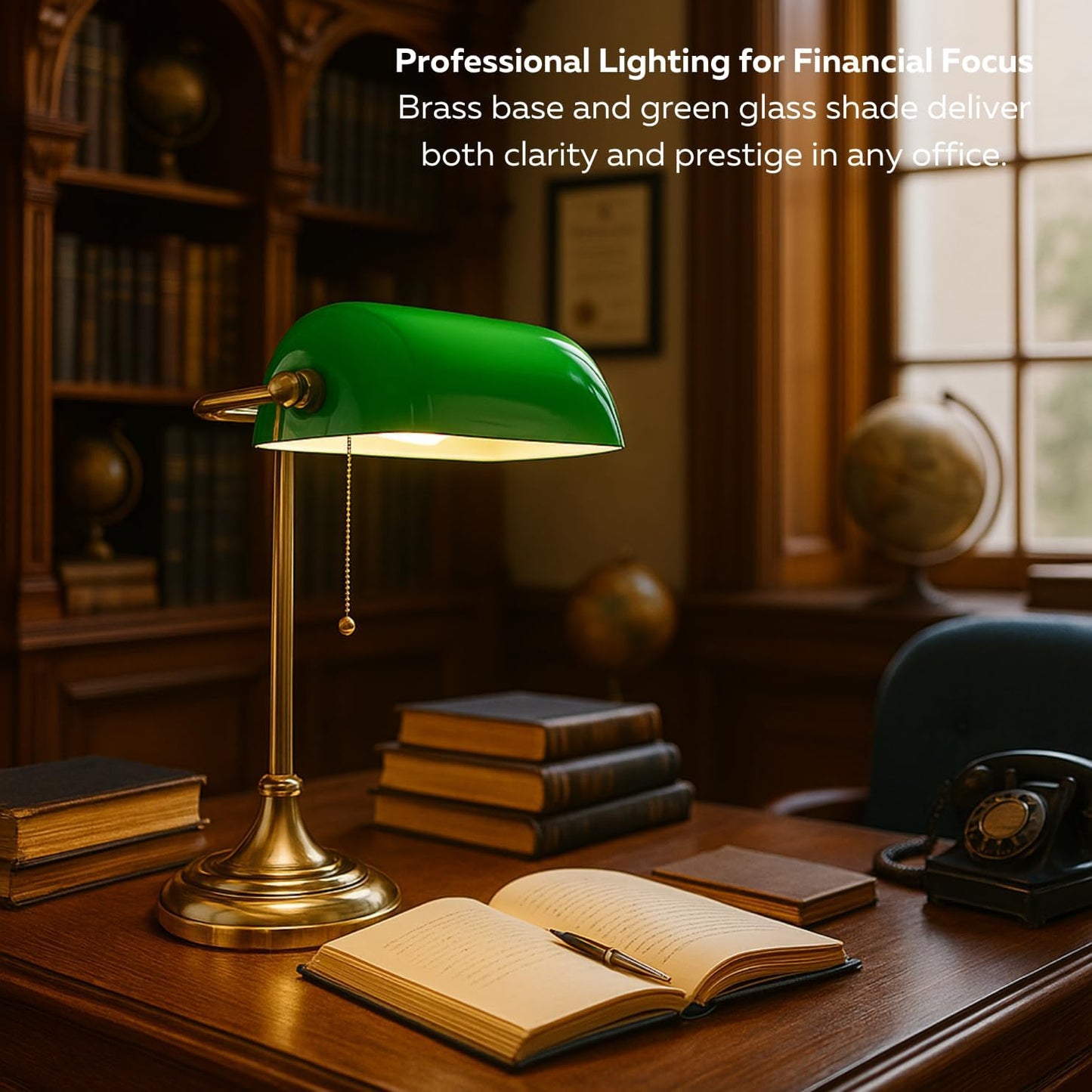 LIGHTACCENTS Traditional Banker’s Desk Lamp with Green Glass Shade and Brass Base – Classic Desk Lamp with Pull Chain, Office Lighting, Vintage Style Reading Light