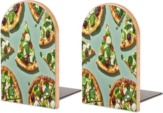 Green Pizza Slices Bookends 1 Pair Heavy Duty Book Ends for Shelves Non-Skid Bookend Supports Wooden Book Holders with Metal Base Desk Organizers Books Storage to Hold Books