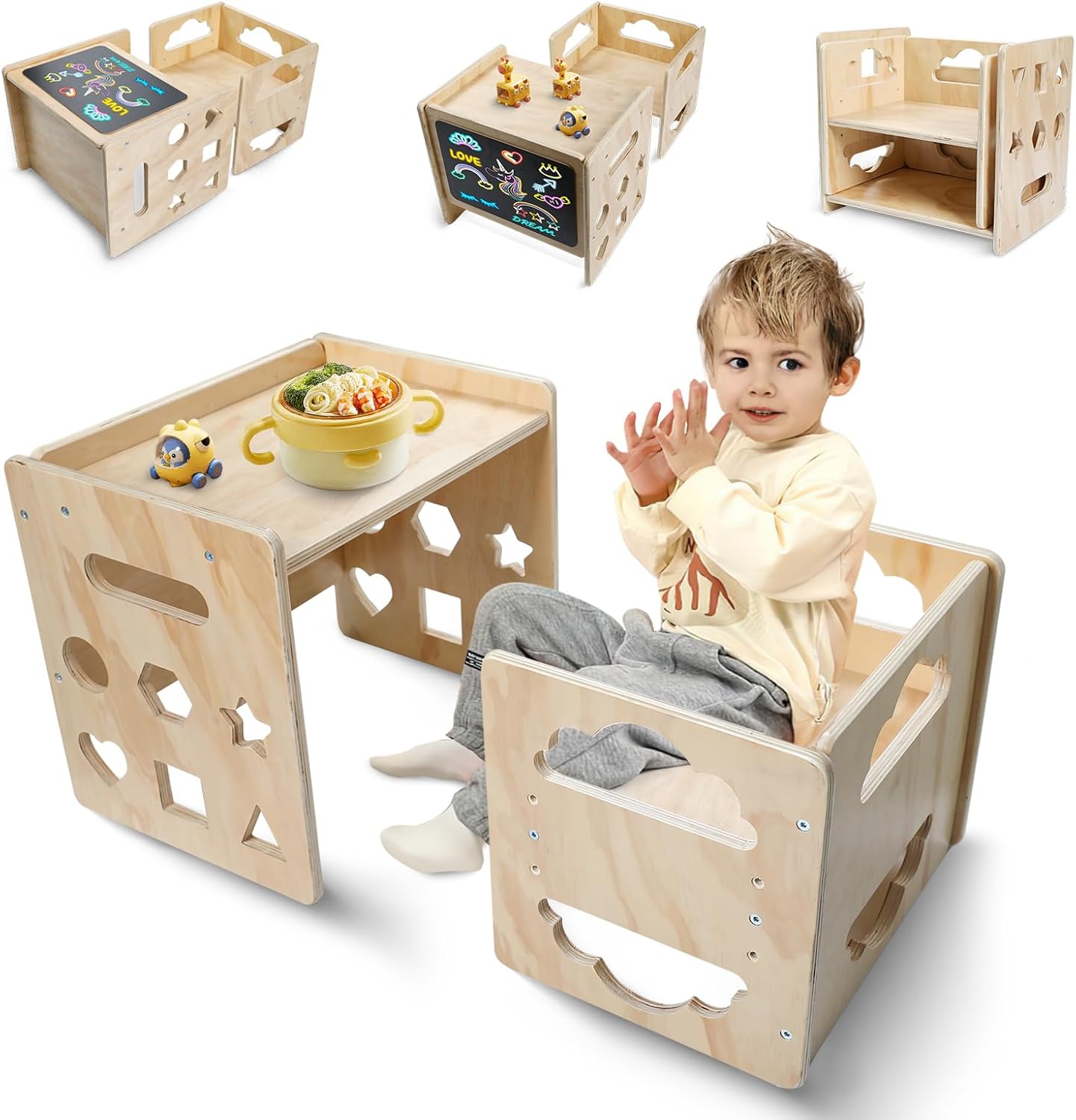 Satisure Montessori Weaning Table and Chair Set, Wooden Toddler Table and Chair Set, 1-3 Age Kids Table and Chairs with Blackboard & 3 Heights Adjustable for Eating & Drawing & Reading