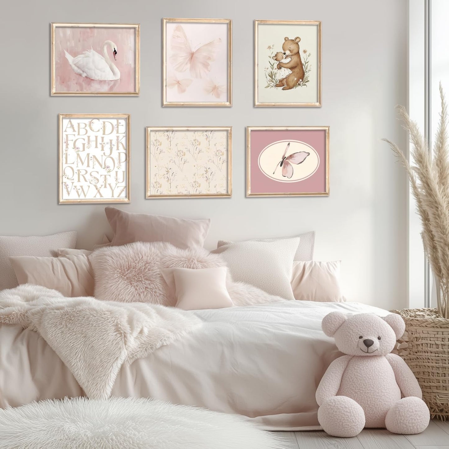 Coquette Girl Nursery Wall Art White Swan Preppy Painting Pink Butterfly Floral Pictures Aesthetic Canvas Posters Vintage Nursery Artwork for Girls Room Bedroom College Dorm 8x10 Inch Unframed