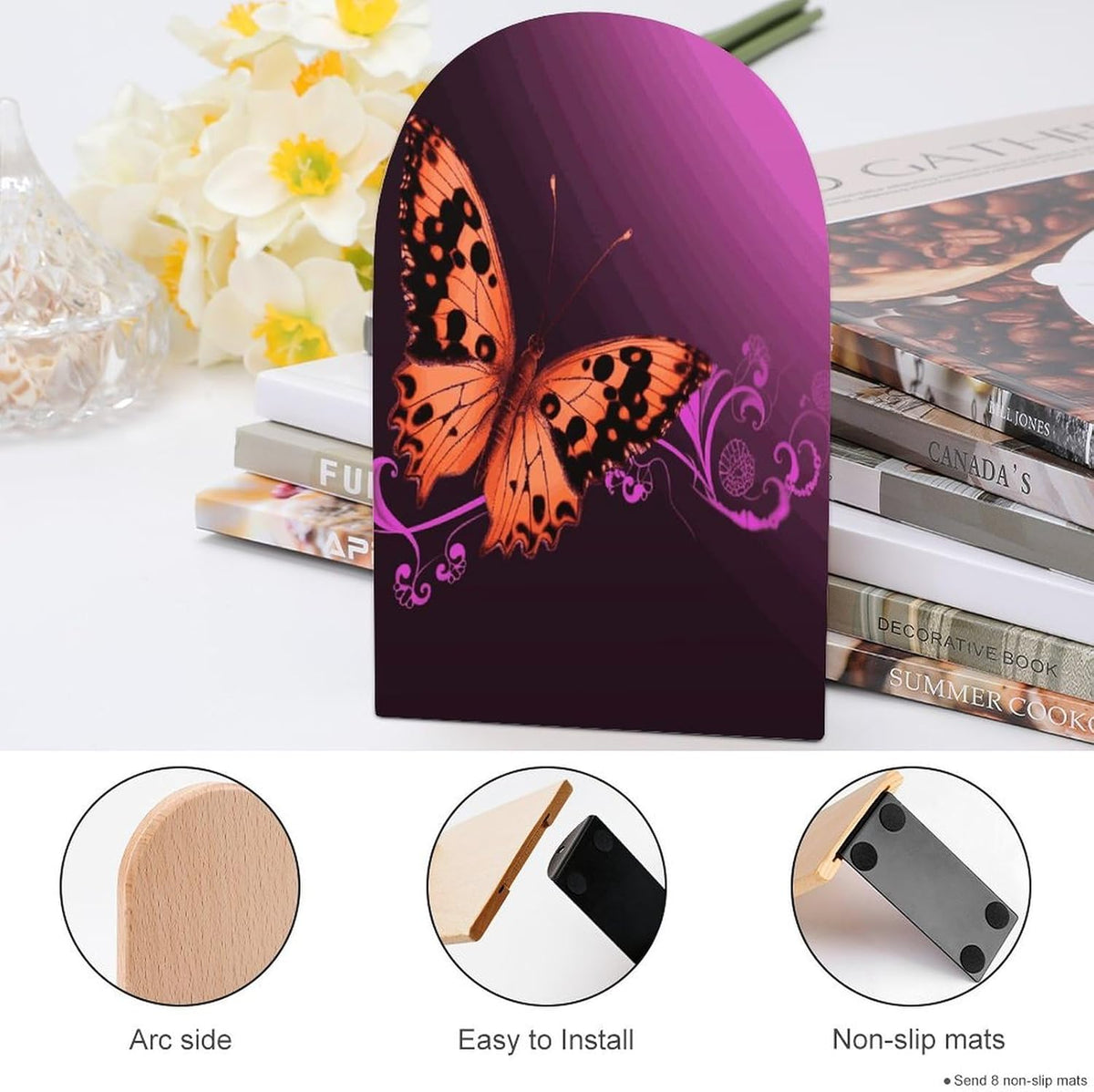 Non-Slip Bookend for Shelves Nice Butterfly Wooden Bookends with Metal Base Decorative Book Stopper for Home Heavy Duty Wood Book Storage for Books/CDs