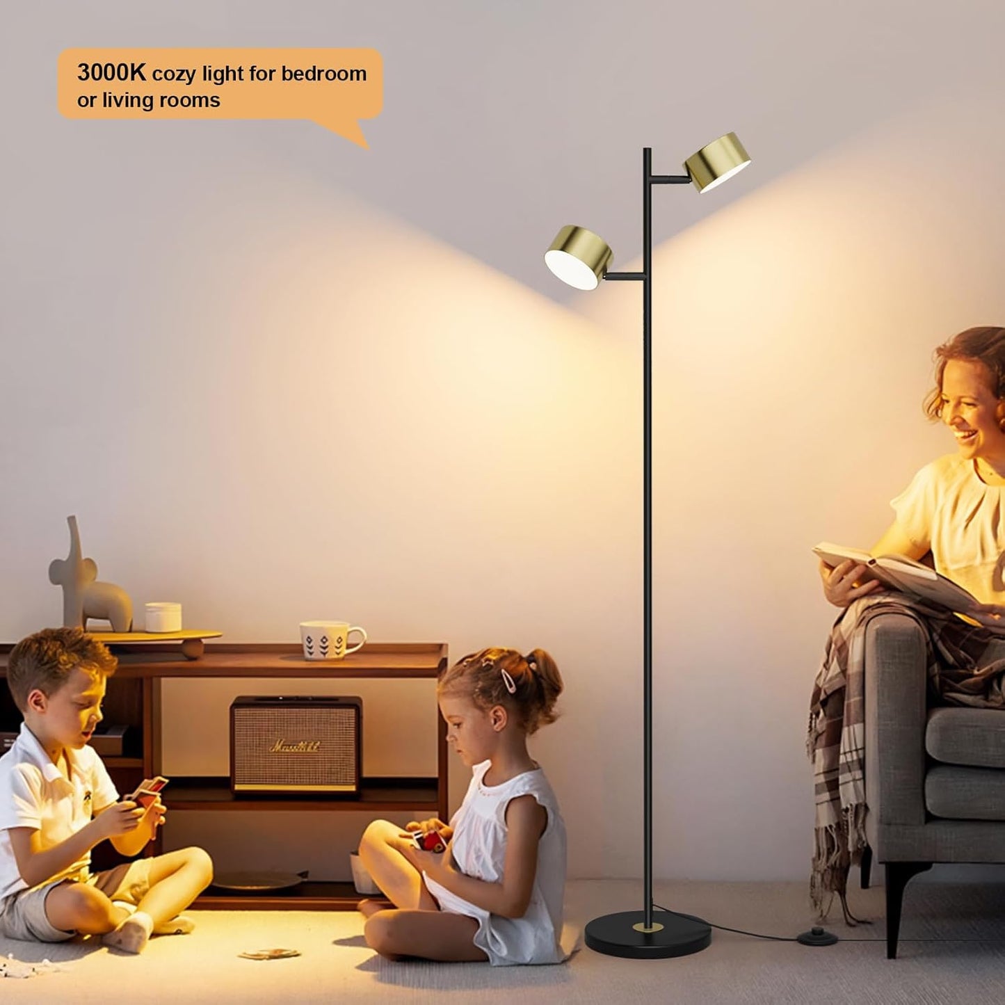 LED Floor Lamp with 3 Color Temperatures, Flexible Heads & Foot Switch, Adjustable Standing Reading Lamp for Office, Bedroom & Living Room