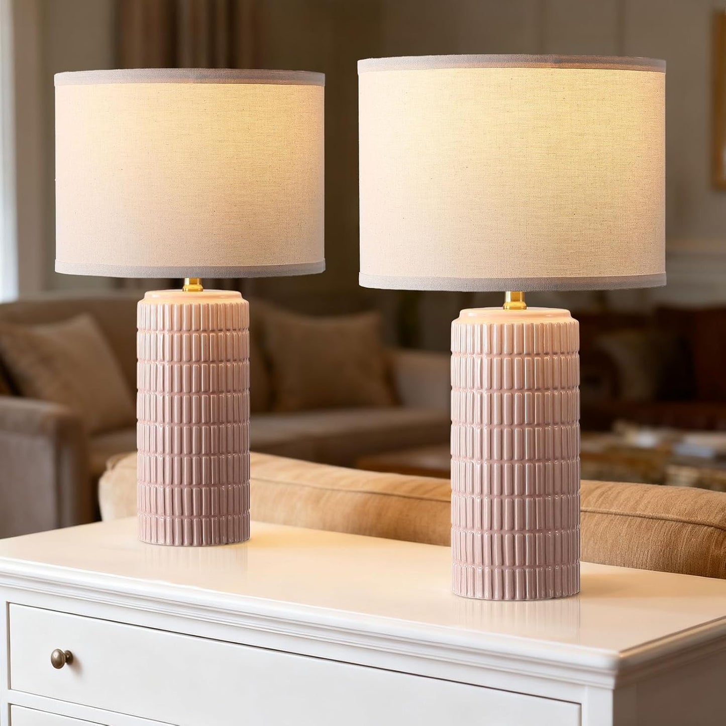 Modern Ceramic Table Lamp Set of 2, Bedside Lamp for Bedroom Decor, Nightstand Lamp with 3 Color Temperatures, Desk Light for Living Room Dorm Office, Pink