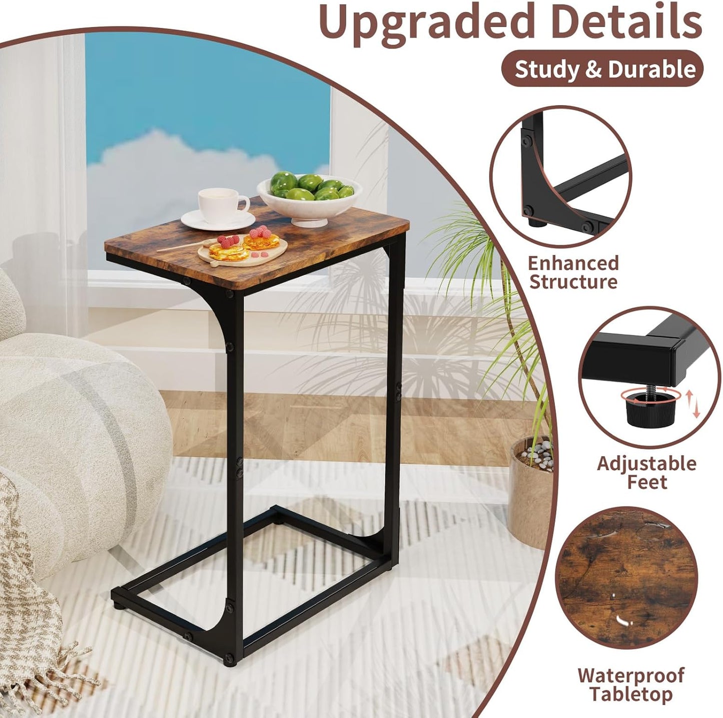 C-Shaped End Table — Slide-Under Sofa TV Tray, for Living Room / Bedroom / Home Office, Brown