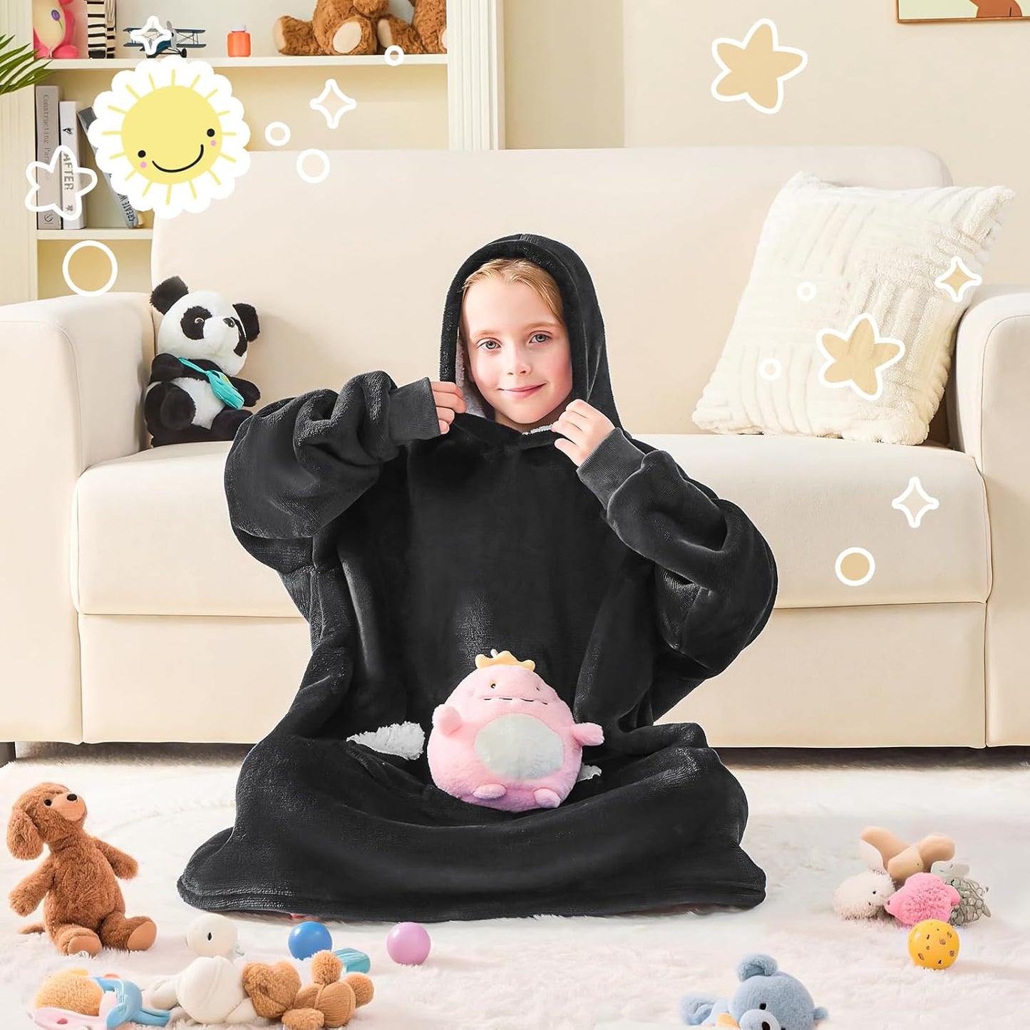 Wearable Blanket Hoodie for Kids & Teens 6-13 Year Old, Oversized Sherpa Fleece Sweatshirt with Pocket, Soft Cozy Hooded Blankets Christmas Birthday Gift for Boys and Girls, Black