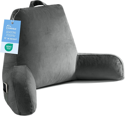 Reading Pillow for Sitting in Bed Adult, 19" Reading Pillow with Shredded Memory Foam, Back Pillow for Sitting Up with Extend Arms, Pockets, Bed Pillow with Washable Cover, Grey