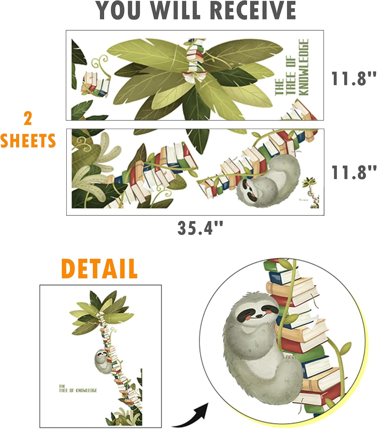 ROFARSO Large Tree Sloth Books Vinyl Wall Stickers Removable PVC Wall Decals Art Decorations Decor for School Library Bedroom Living Room Murals
