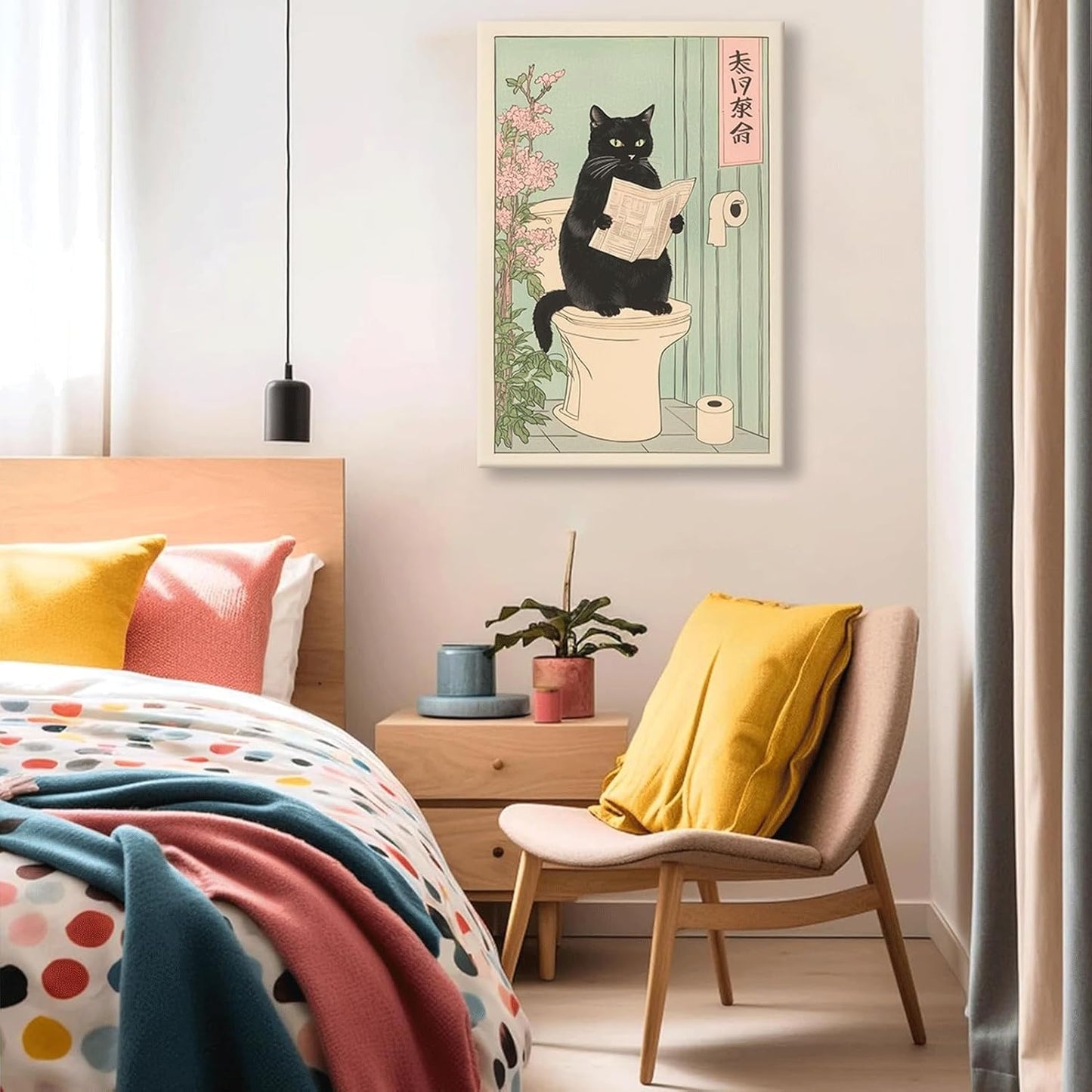 COYIKC Japanese black cat on toilet Canvas Wall Art Funny bathroom print Toilet poster Japanese Cat Wall Decor Pictures Aesthetic Minimalism Artwork Neutral Painting Home Decoration,12x16in