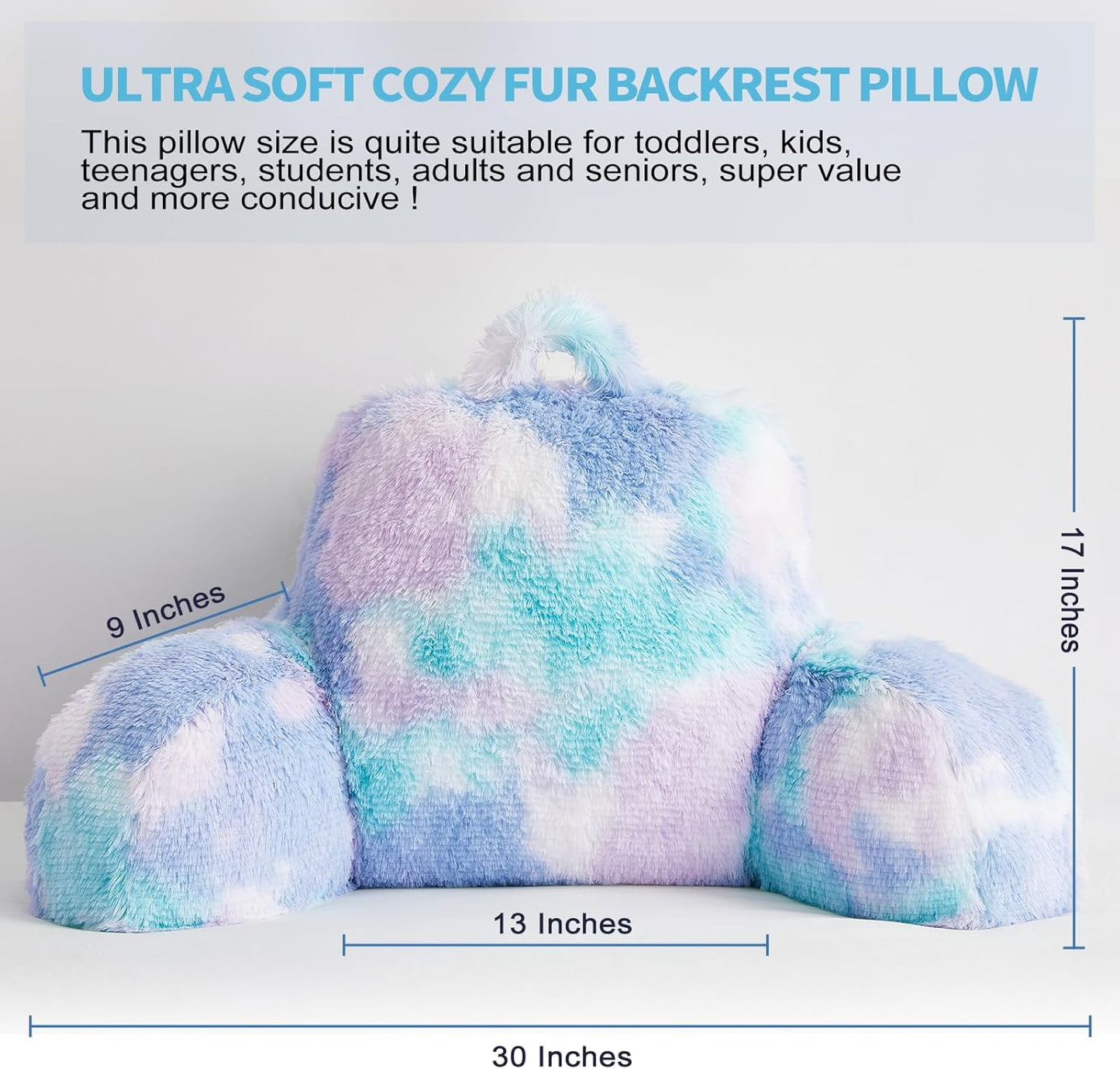 Stylish Ross Fur Adults & Kids Reading Pillow, Cozy Soft Bed Wedge Pillow with Premium Stuffing, Pastel Back Support Pillow Gift, Sit up Bolster Pillow with Arms, Bed Chair Back Cushion