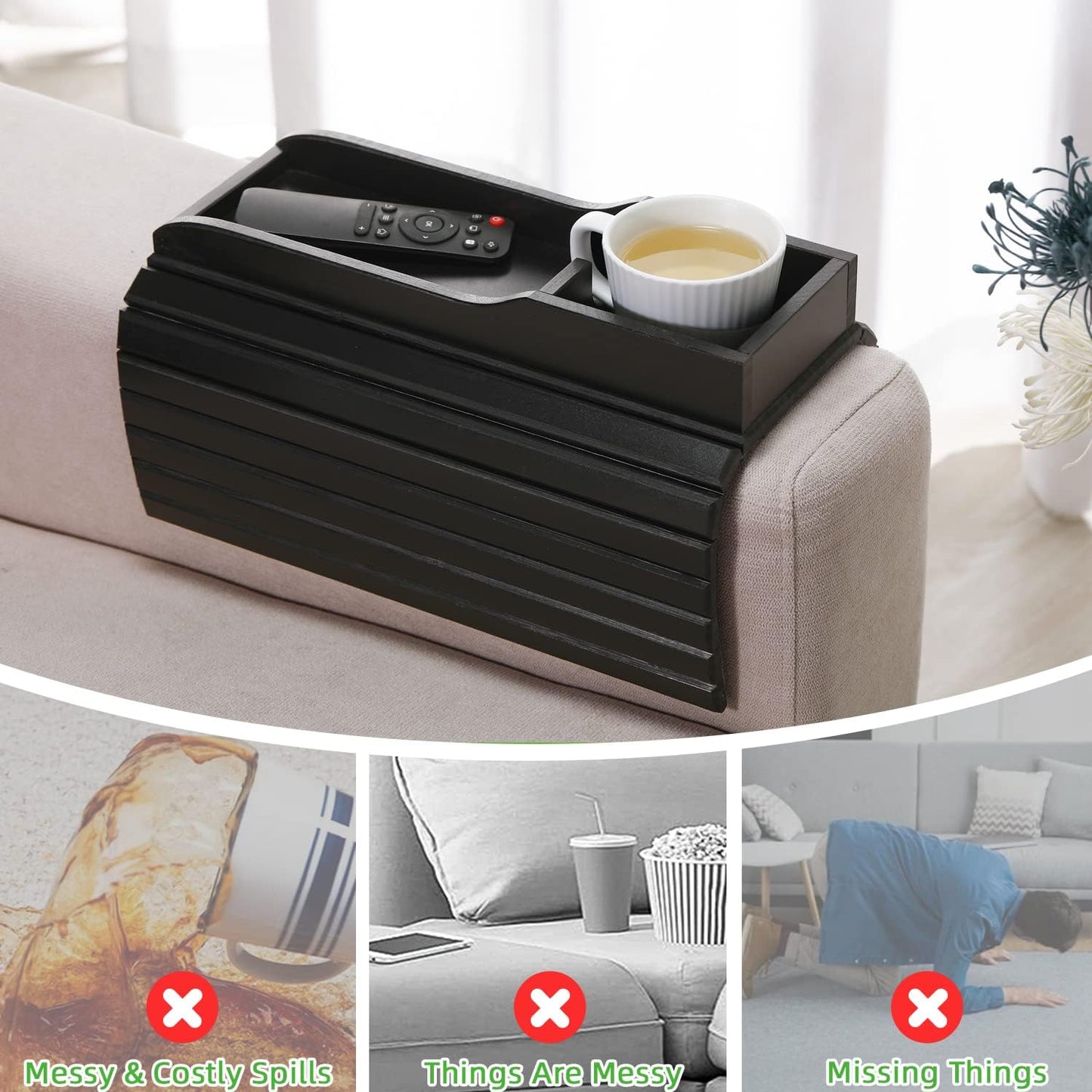 GEHE Couch Cup Holder, Anti Falling Sofa Arm Tray, Natural Bamboo Sofa Cup Holder More Safe for You Family, Portable Couch Arm Tray Armrest Table for Remote, Snacks, Phone, Drinks