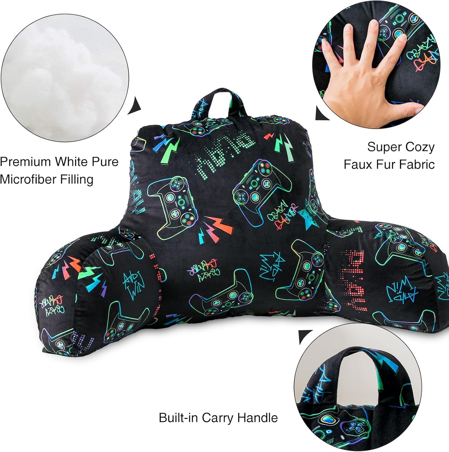 Aimuan Kids Back Resting Pillow for Gaming Reading and Watching TV Bed Rest Wedge Backrest Pillow with Arms Back Support for Sitting Up in Bed Cushion Incline Rest Sleeping Pillow (Black-Gamer)