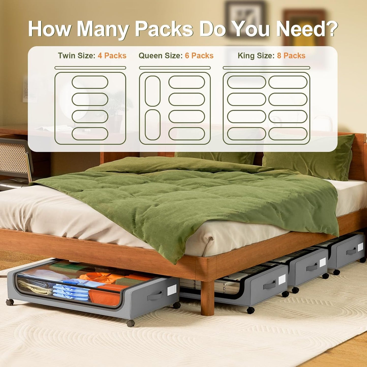GoMaihe Under Bed Storage with Wheels: 48L Underbed Storage Containers with Lids - Rolling Bins for Shoes Clothes in Dorm Bedroom - Metal Drawers Easy Pull-out Grey 2-Pack