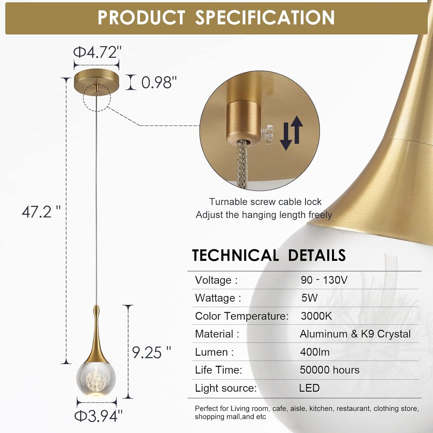Modern LED Pendant Light for Kitchen Island, Dimmable Gold Teardrop Crystal Ceiling Pendant Lighting for Dining Room Bedroom Bathroom Hallway Entryway 3000k Warm White