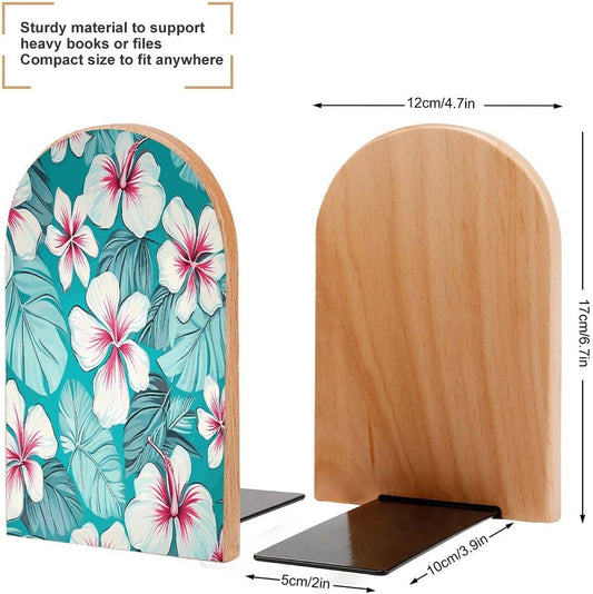 Tropical Hibiscus Flowers Bookend for Shelves Wooden Book End Large Size Sturdy Book Holders Stoppers with Metal Base for Bookshelves Slick Decorative Bookends Stands