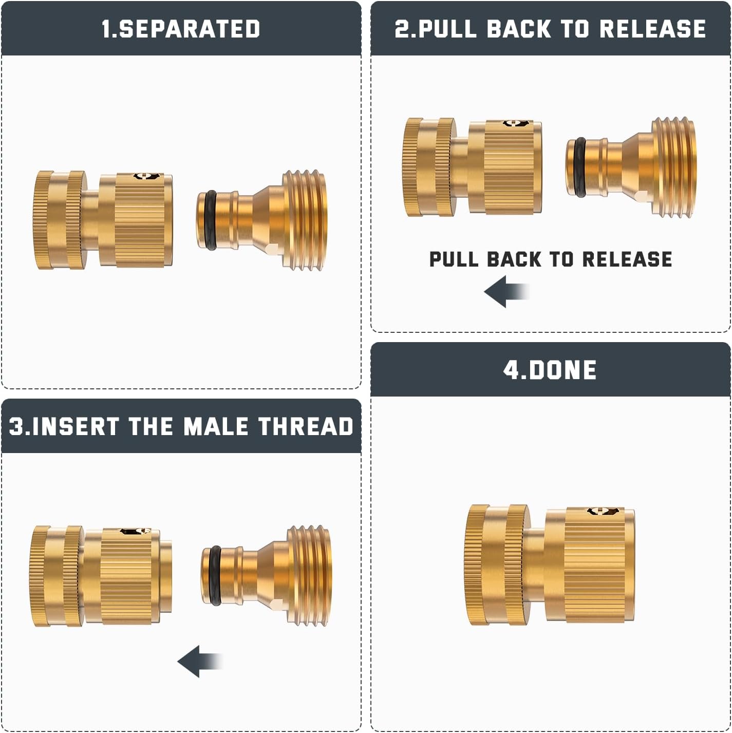 Kesfitt Garden Hose Quick Connect 3/4 Inch GHT Solid Brass Hose Connector Adapter Kit Fitting No-Leak Water Hose Female and Male Adapter (4 Sets)