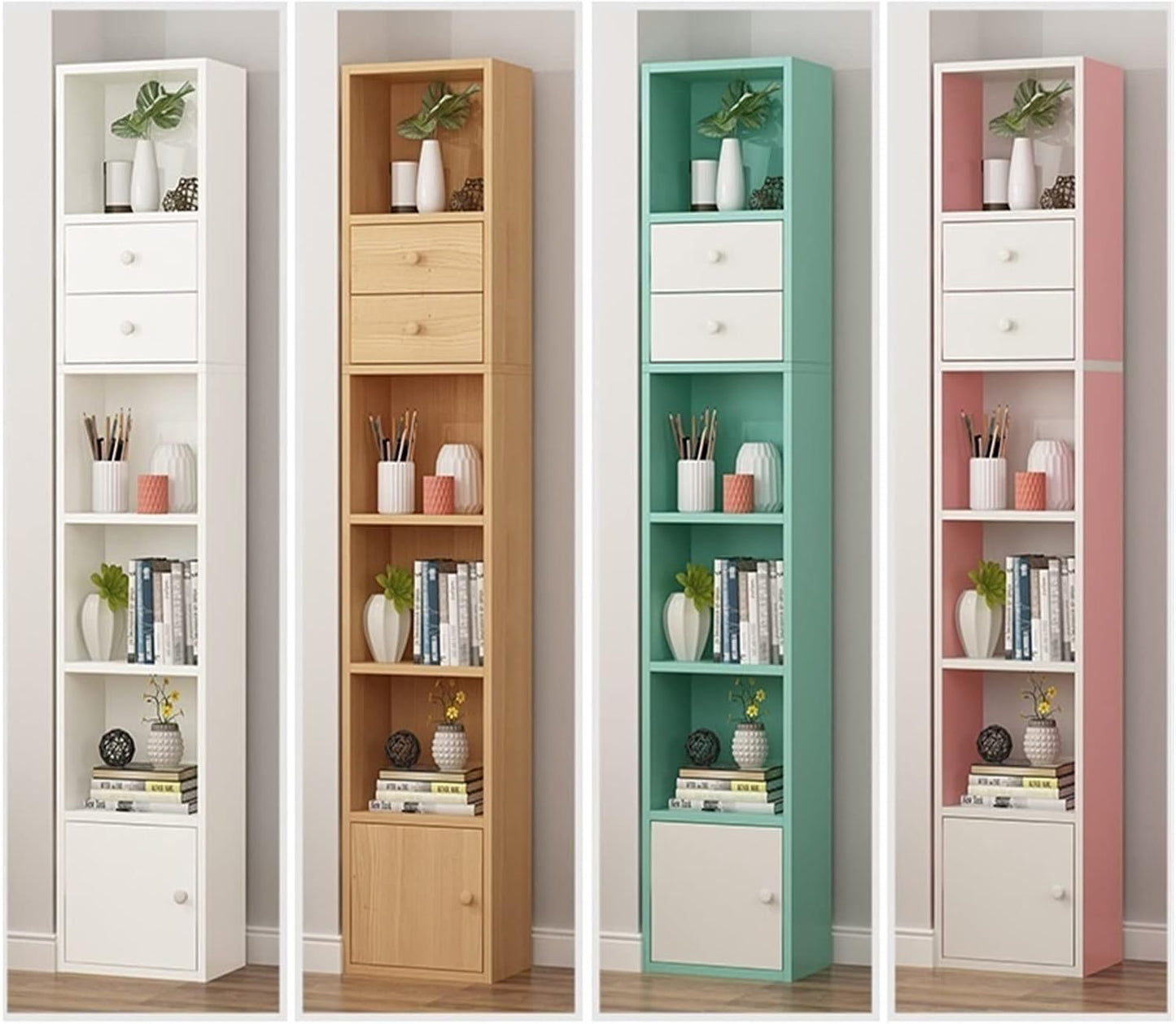 Bookshelf Landing Simple Storage Narrow Slit Small Bookcase, Simple Locker Shelf for Living Room Bedroom (Color : 33x24x188cm Beech Color) (33x24x126cm Beech Door Beech)