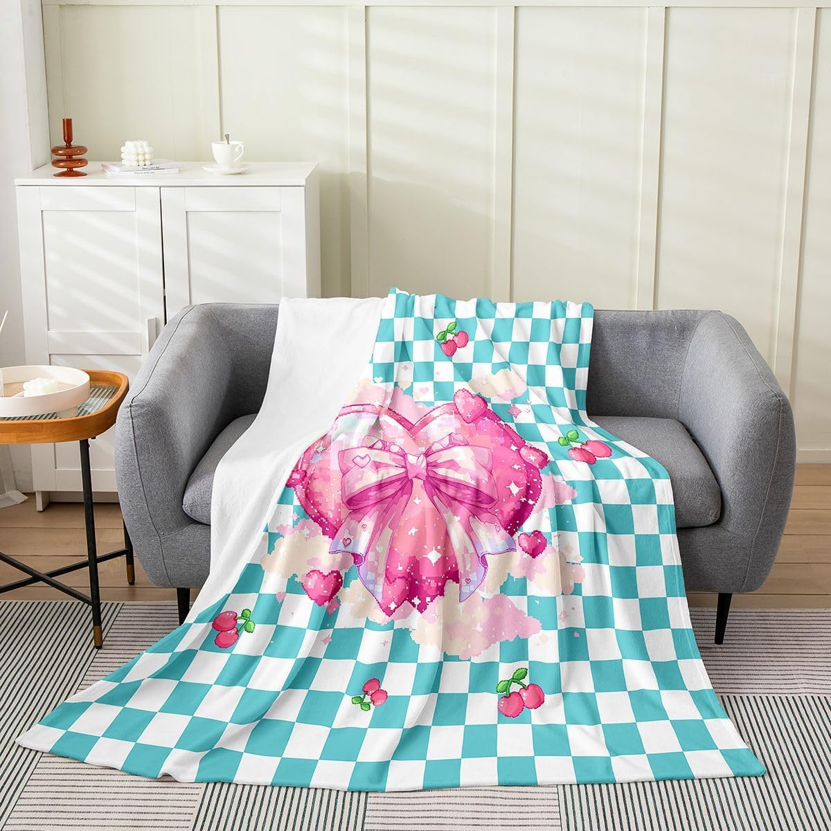 Castle Fairy Bowknot Love Kids Flannel Blanket,Checkered Cherries Pattern Bed Blanket,Kawaii Pastel Aesthetic Girls Boys Sofa Decor,Pink Green Fuzzy Blanket,Baby Size (30 x 39 Inches)