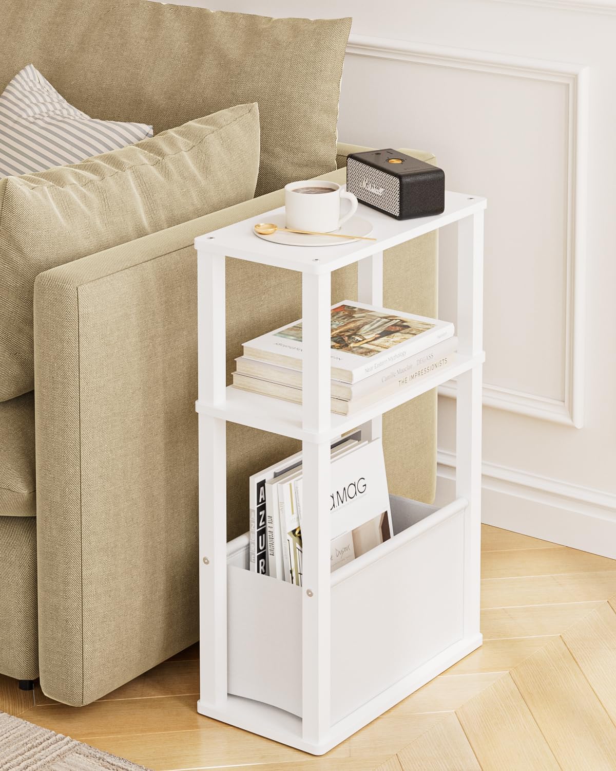 Narrow Wood Side Table, 3-Tier Night Stand with Storage Bag, Skinny Nightstand for Small Spaces, Bedside Table for Living Room, Bedroom, White