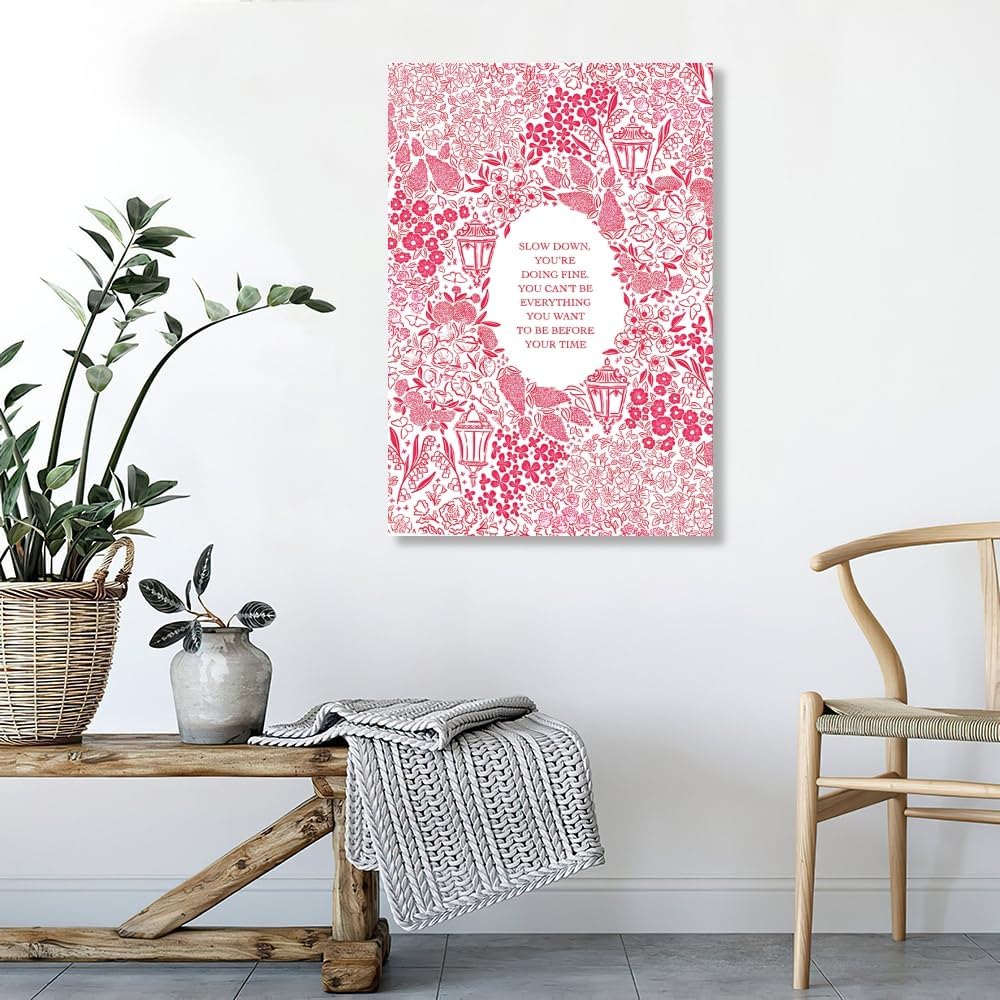 Balsuka Slow Down You're Doing Fine Music Posters Motivational Quote Pink Wall Art Vintage Floral Positive Daily Reminder Song Lyrics Canvas Print Aesthetic Office Home Decor 12x16inch Unframed