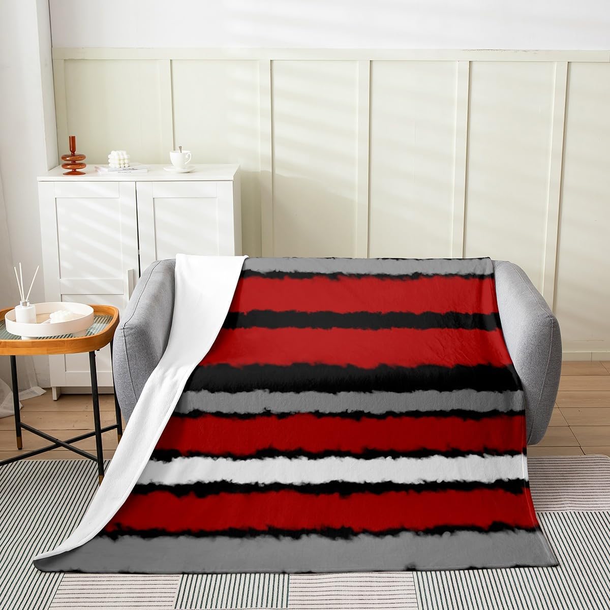 Feelyou Red Black Grey Blanket Twin 60"x80" Stripes Plush Throw Blanket, for Sofa Couch Kids Girls Decor Geometric Flannel Fleece Blanket Microfiber Modern Striped Bedroom
