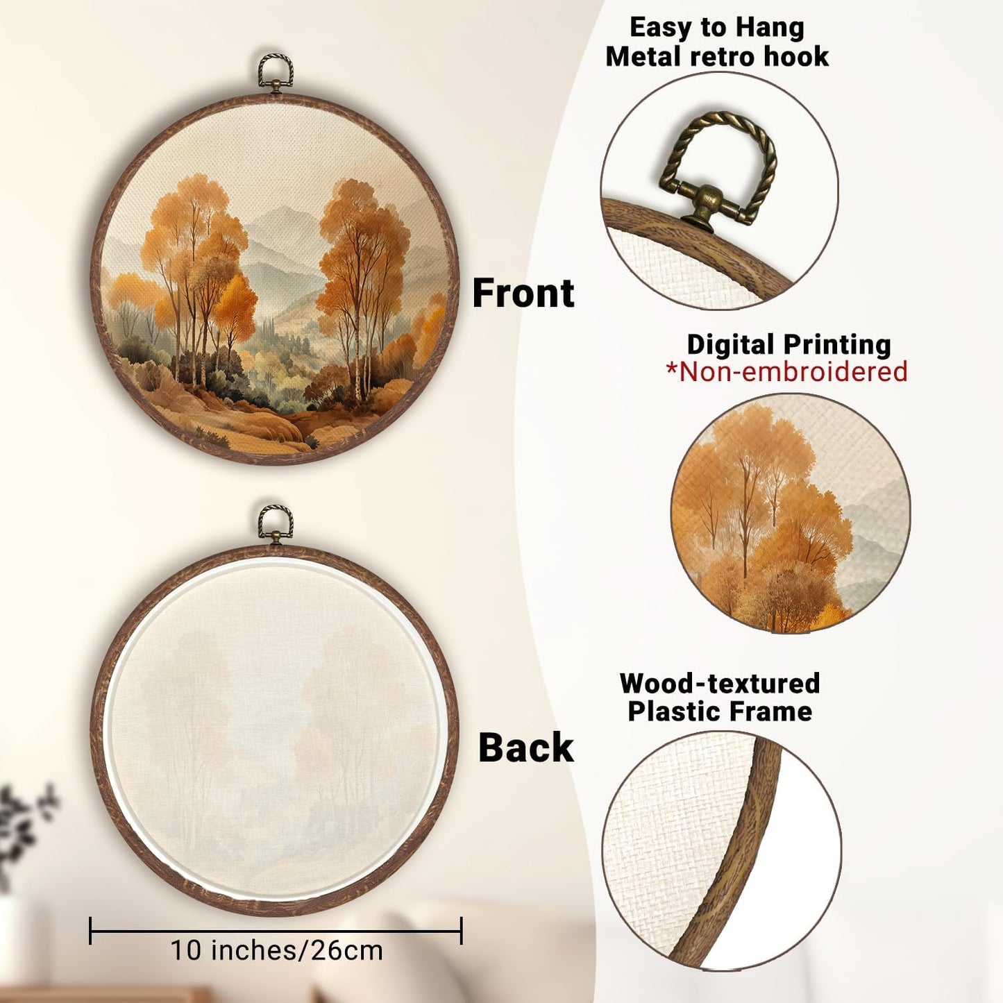 WMSYUO Modern Natural Scenery Wall Art Decor 10x10 Inch Framed, Warm Forest Canvas Prints,Aesthetic Circular Art for Home Living Room, Unique Gift for Friends, Neutral Retro Artwork (Yellow-tree)
