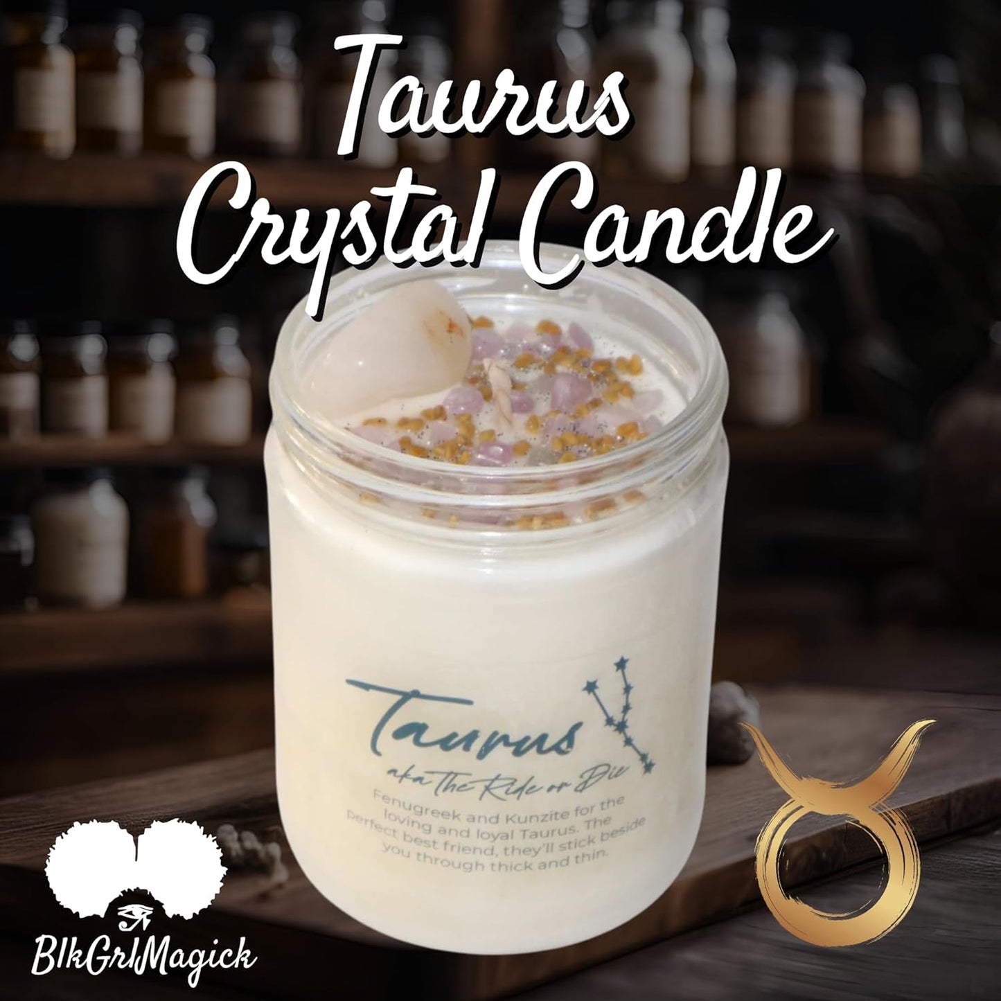 BlkGrlMagick TAURUS Zodiac Crystal Candle, White Tea Leaves Scent Kunzite, Rose Quartz, Fenugreek, Handmade April May Birthday Candles, Astrology Gifts for Sun Moon Rising Sign (16oz Jar)