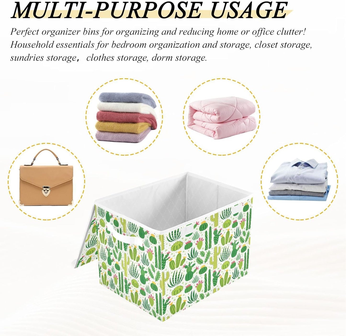 Large Collapsible Storage Bins with Lids, Green Cacti Storage Baskets Organizer Containers with Handles for Clothes