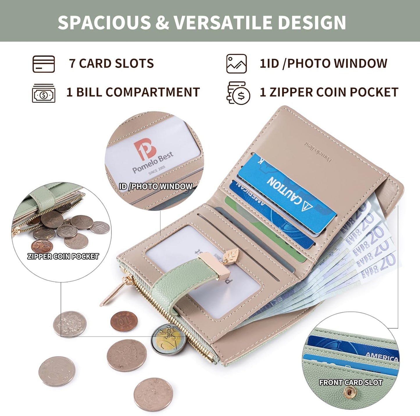 Pomelo Best Small Wallet Women RFID Blocking Bifold Soft Leather Card Holder with ID Window Zipper Coin Pocket Wallets for Women Green