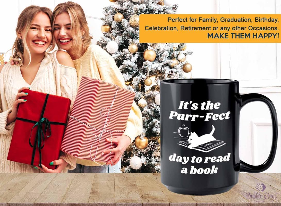 Reading Coffee Mug 15oz Black - Purr-fect Day Read a Book - Reader Gift Bookworm Owl Lover Cat Lover Book Lover Novelist Librarian Writer