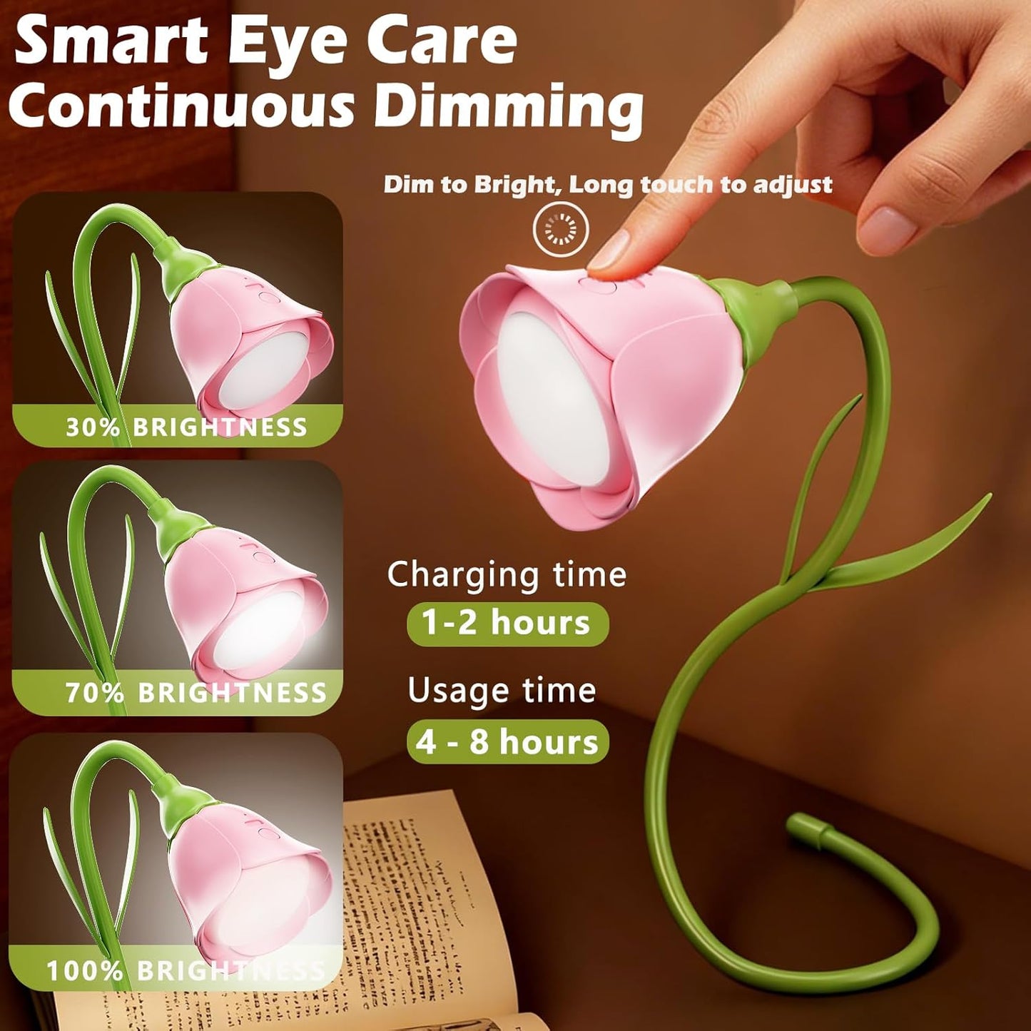 Rose Flower Lamp Rechargeable Reading Light for Bed,3-Color Modes Adjustable Brightness Small Night Light Neck Reading Light,Festival Gifts for Kids Mom Girlfriend Grandma (Pink)