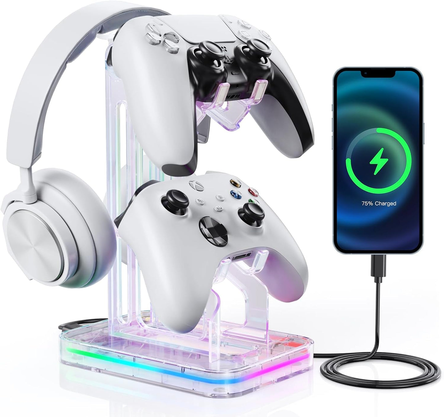 Luckit Gaming Headphones Stand, RGB Headset Stand with 2 USB Charging Ports, Dual Controller Holder with Light Modes, Earphone Hanger Accessories for Desktop Gamer
