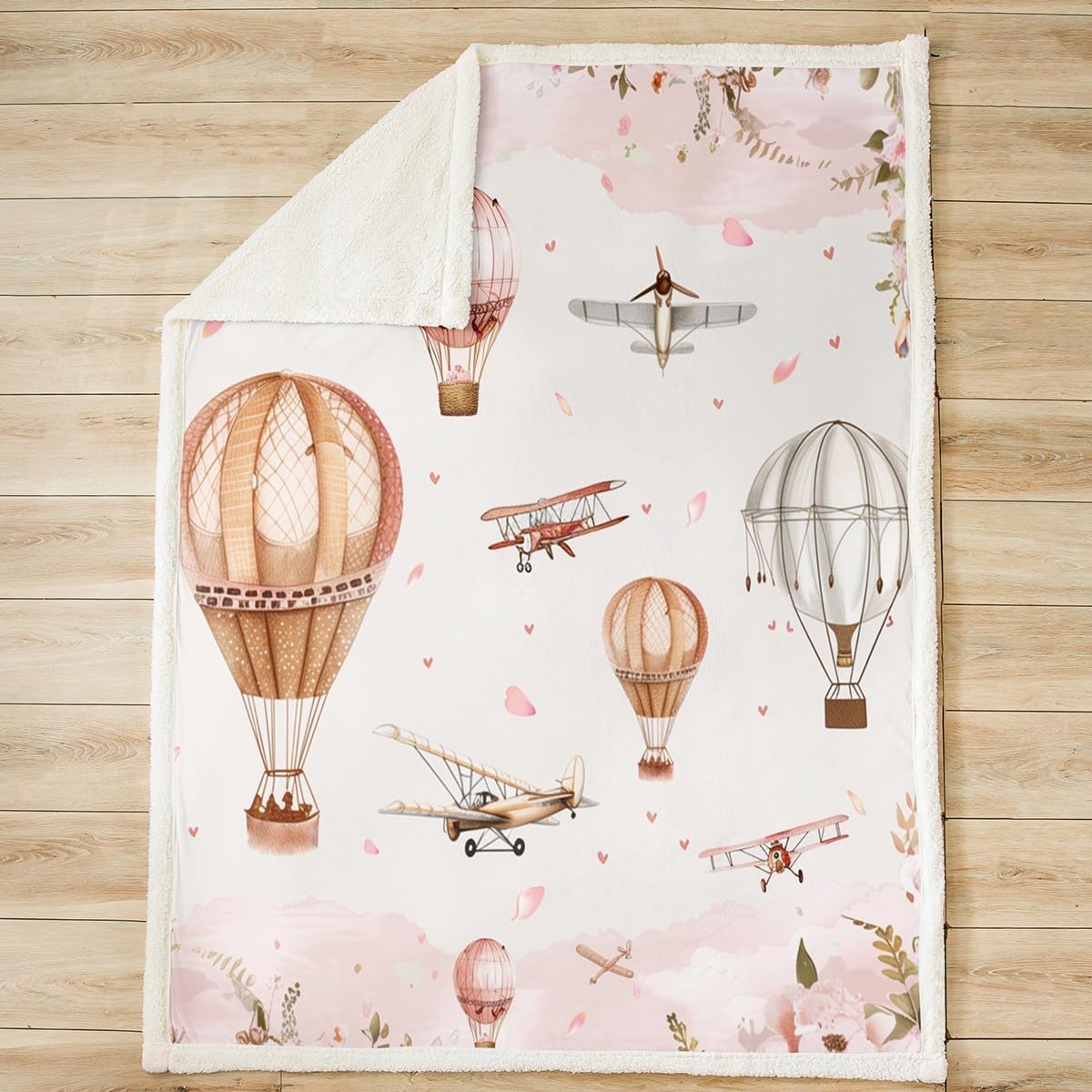 Cartoon Airplane Kids Throw Blanket,Cute Aircraft Hot Air Balloon Bed Blanket for Girls Women,Peony Flowers Love Heart Romantic Fleece Blanket,Pink Fuzzy Blanket,40 x 50 Inches