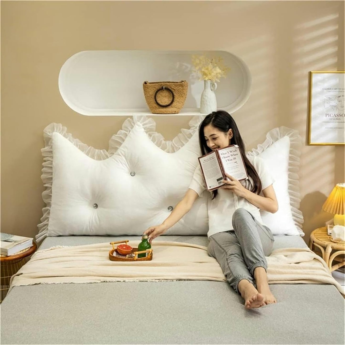 AMNOOL Reading Pillows Large Backrest Bed Back Cushion Wedge Lumbar Support Rest Pillow, Solid Color Headboard Pillow Bed Backrest Bolster for Dorm Room Daybed Full Size, White