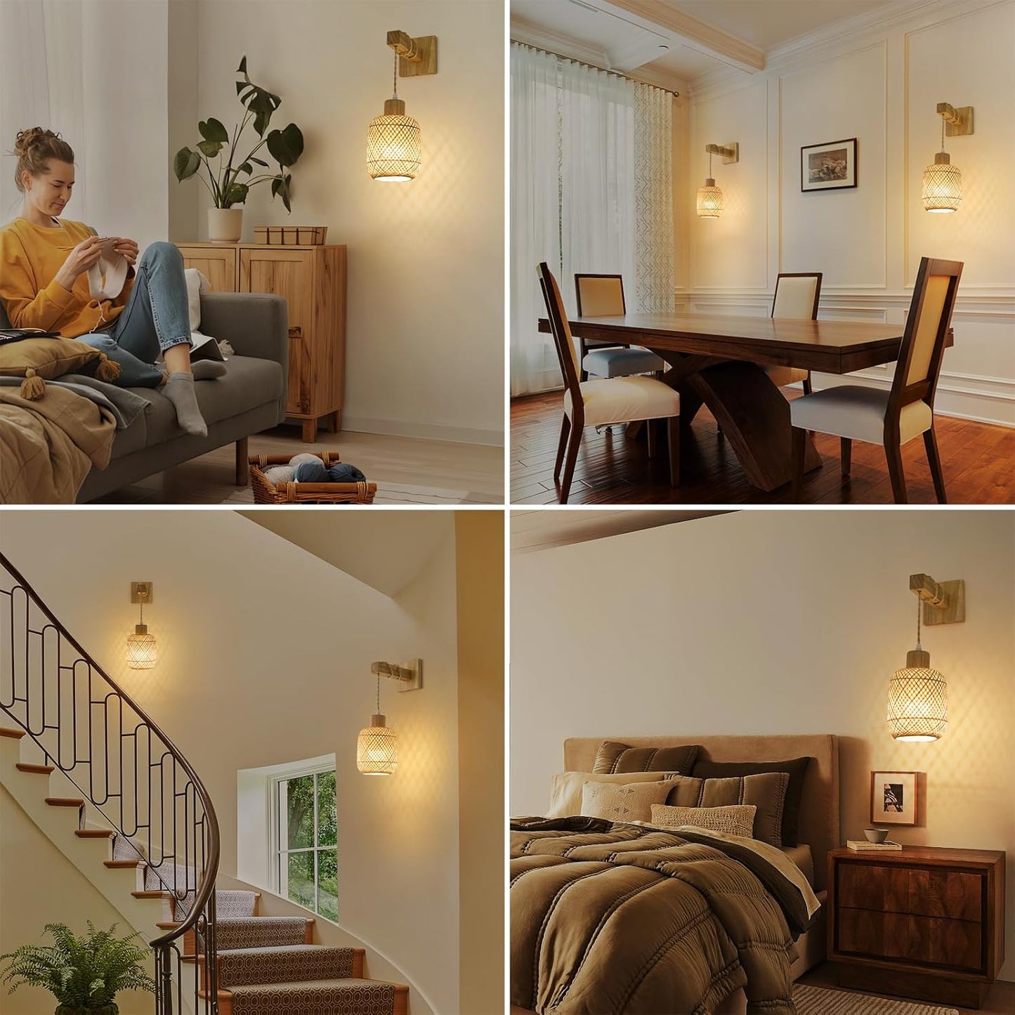 Battery Operated Wall Sconces Set of Two, Bamboo Lantern Rechargeable Wall Sconce with Remote, 15 Colors Dimmable Boho Wireless Wall Lights for Bedroom, Living Room, Wall Decor