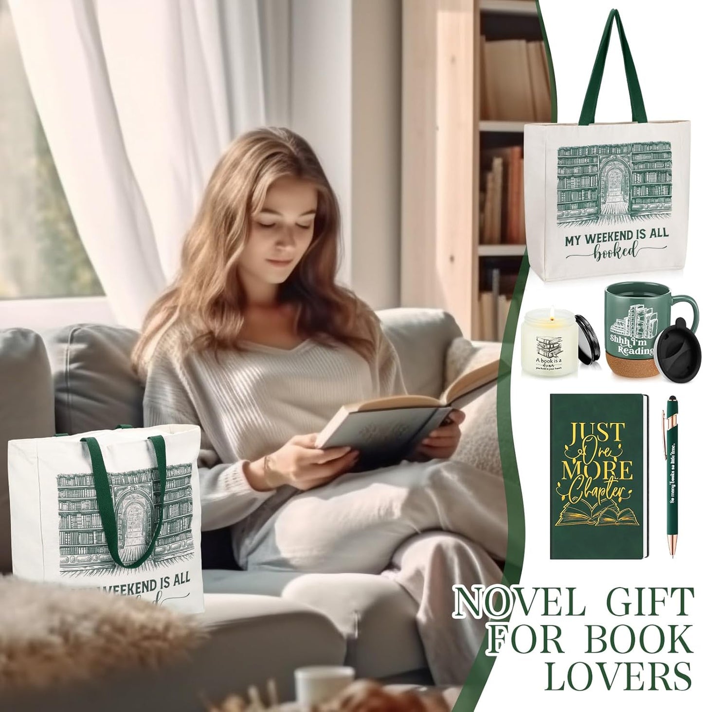 Moinchore Set of 5 Book Lovers Gifts for Reader Canvas Tote Bag Journal Notebook and Ballpoint Pen Ceramic Coffee Mug with Cork Bottom Scented Candle for Teen Teacher Librarian Bookish Author (Green)