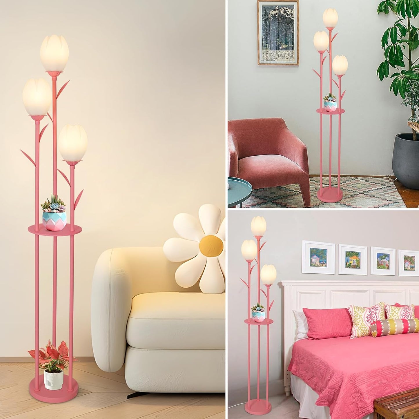 Pink Floor Lamp for Bedroom, 3-Light Flower Floor Lamp with Table, Corner Standing Lamps for Living Room, Tall Flower Lamp for Office, Girls Room, Unique Lighting Decor (Bulbs Included)
