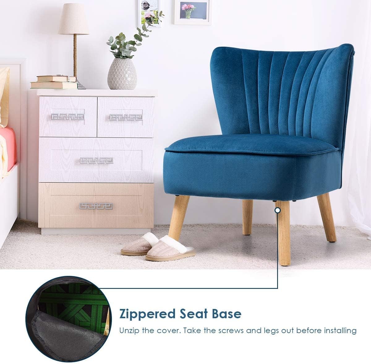 LUARANE Armless Velvet Accent Chair, Modern Leisure Chair with Curved Backrest Thick Sponge Cushion Wood Legs, Small Upholstered Wingback Sofa Chair for Bedroom Living Room (1, Blue)