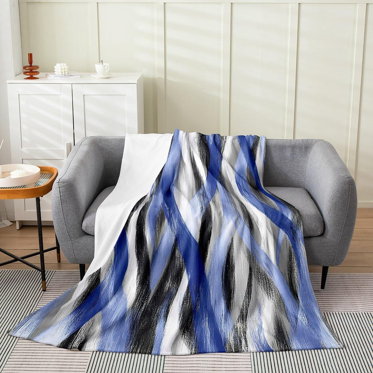 Erosebridal Geometric Stripes Blanket Throw 50x60 Modern Abstract Throw Blanket Black Grey Navy Blue Fleece Blankets for Kids Boys Girls Teen Swirl Lines Fuzzy Blankets Room Decor