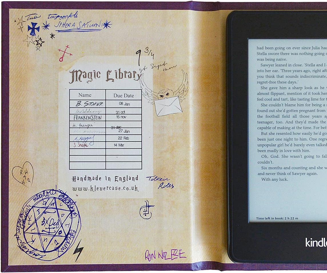 KleverCase Universal Book Cover for eReader Devices with 6 to 6.8 Inch Screen. Works with kobo, Nook, Kindle, Kindle Paperwhite, Sony, storytel and More. (Book of Spells)