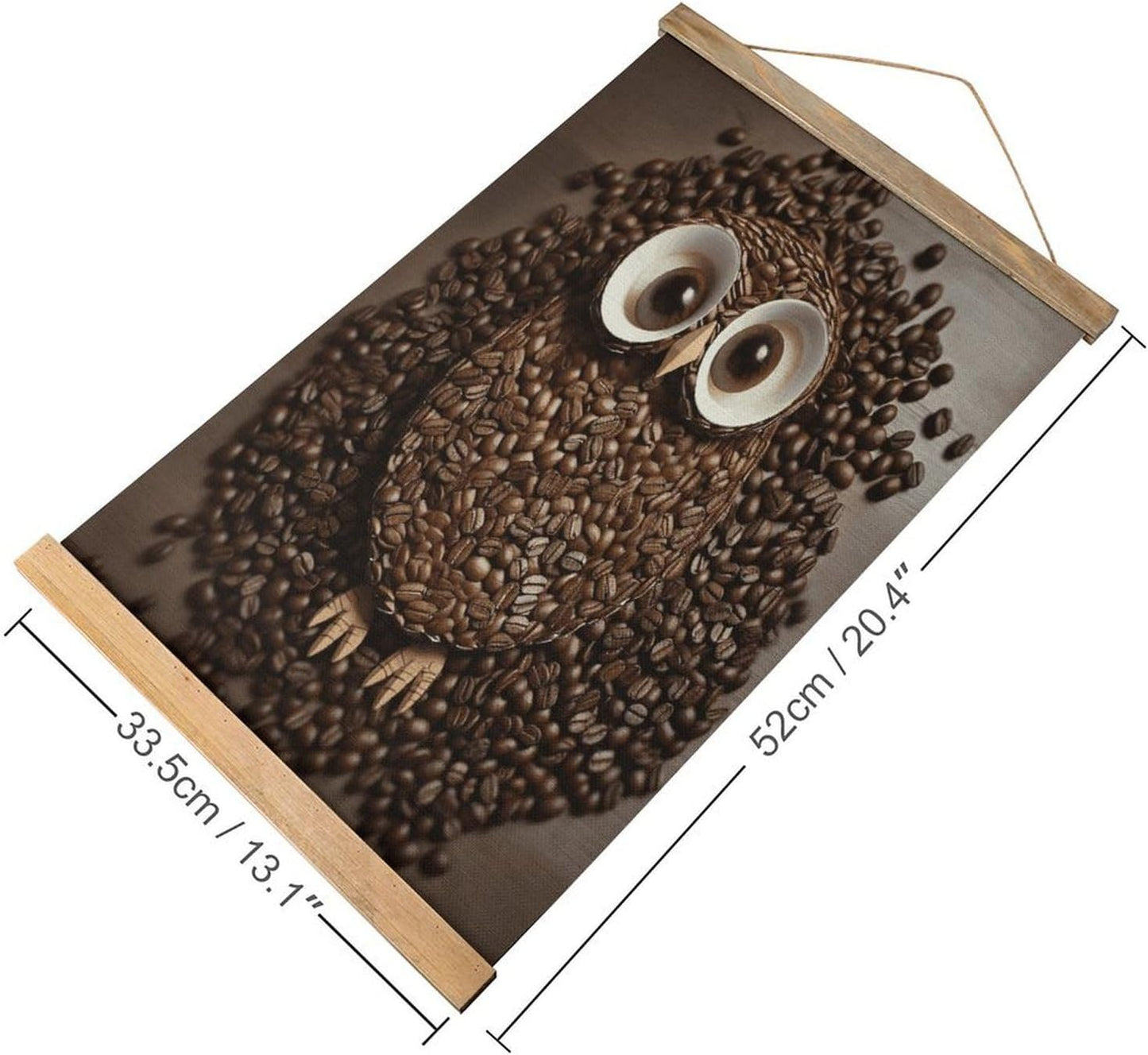 Vintage Coffee Bean Owl Poster with Wooden Frame Personalized Linen Hanging Scroll Painting Rustic Wall Hanging Illustrative Modern Artwork Decor for Home Living Room Bedroom Office
