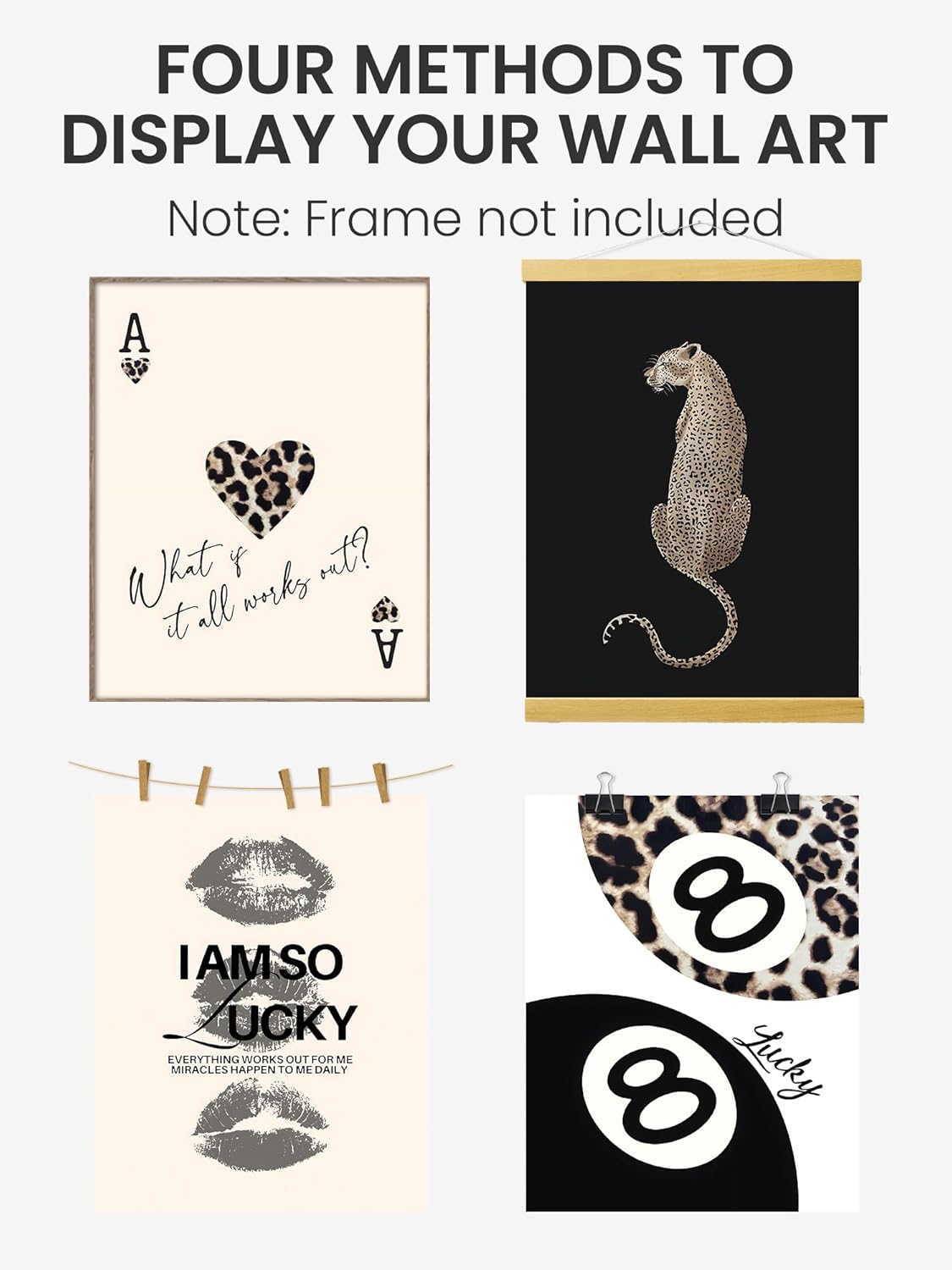 Trendy Leopard Print Lucky Girl 8 Ball Lips Cheetah Ace of Hearts Playing Card Wall Art Prints Set of 4, Funky Y2K Aesthetic Leopard Poster Wall Decor for Girls Room Dorm Apartment, 8x10 Unframed